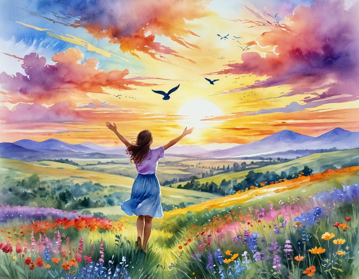 A bright sunrise illuminating a serene landscape with colorful wildflowers blooming in the foreground, a cheerful person with closed eyes and arms wide open, symbolizing joy and acceptance of each day. The sky filled with soft, fluffy clouds in pastel colors adds a sense of tranquility. Vibrant birds in flight echo the theme of positivity and renewal. watercolor painting with soft brush strokes and vivid hues.