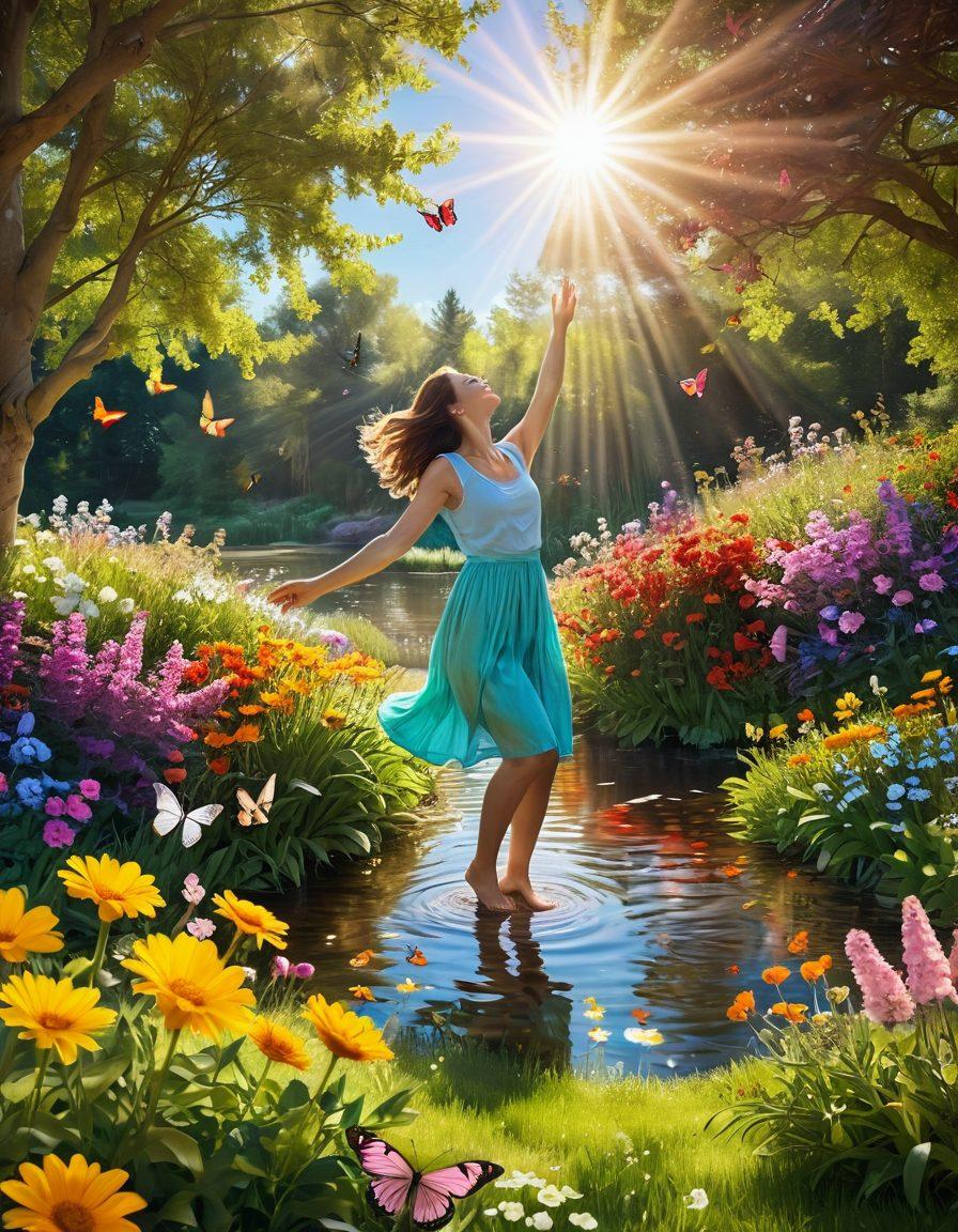 A serene landscape featuring a bright sun shining over a blooming garden filled with colorful flowers and butterflies. In the foreground, a joyful person is laughing and dancing among the flowers, capturing the essence of happiness and positivity. Light rays illuminate the scene, enhancing the feeling of warmth and gratitude. The background includes a gentle, flowing river that reflects the sunlight. super-realistic. vibrant colors. spring theme.