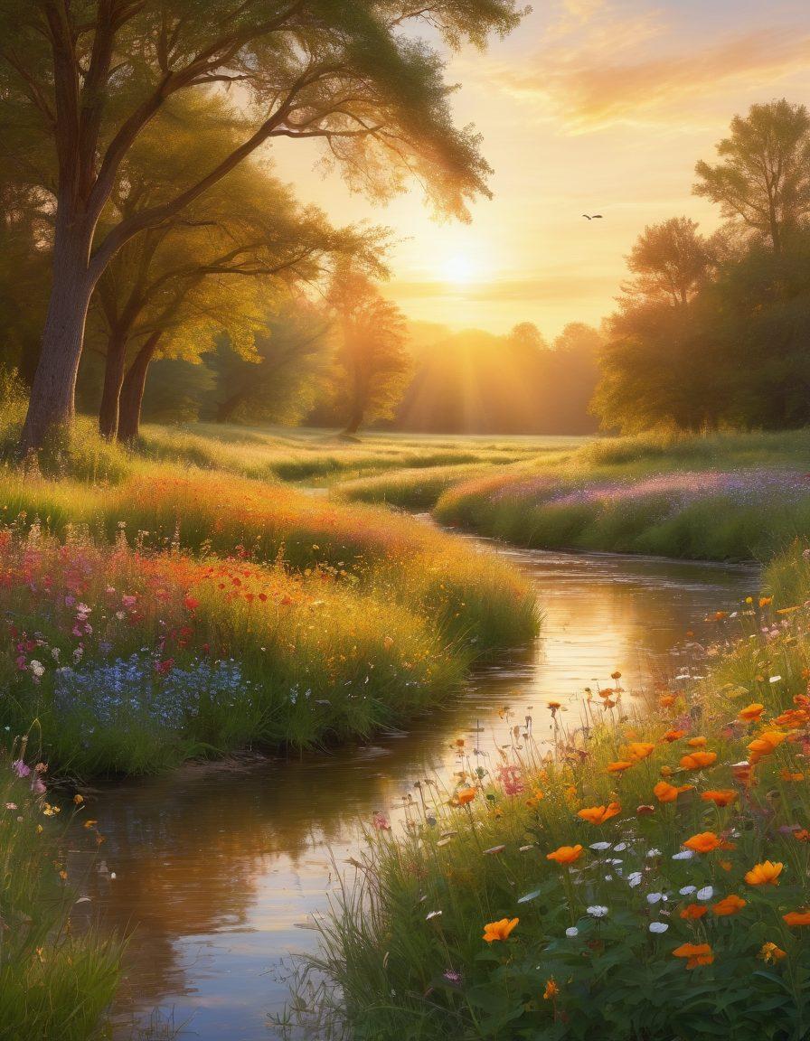 A serene landscape depicting a sunlit meadow filled with blooming wildflowers and a gentle brook flowing through. In the foreground, a diverse group of people, engaged in acts of kindness and gratitude, are sharing smiles and helping each other. The scene radiates warmth and positivity, with a golden sunset casting warm hues over the landscape. Symbolic elements like butterflies and doves enhance the sense of tranquility and joy. vibrant colors. painterly style.